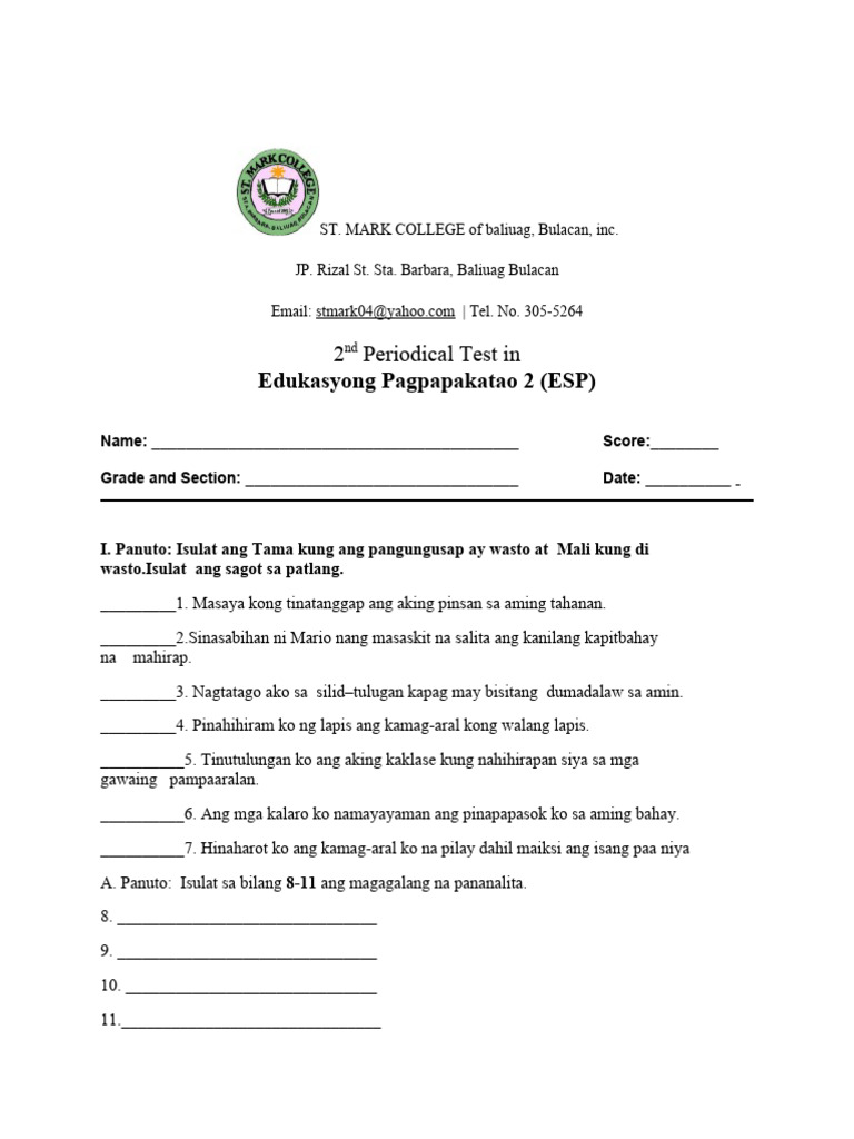 2nd Periodical Test G2 Esp Pdf