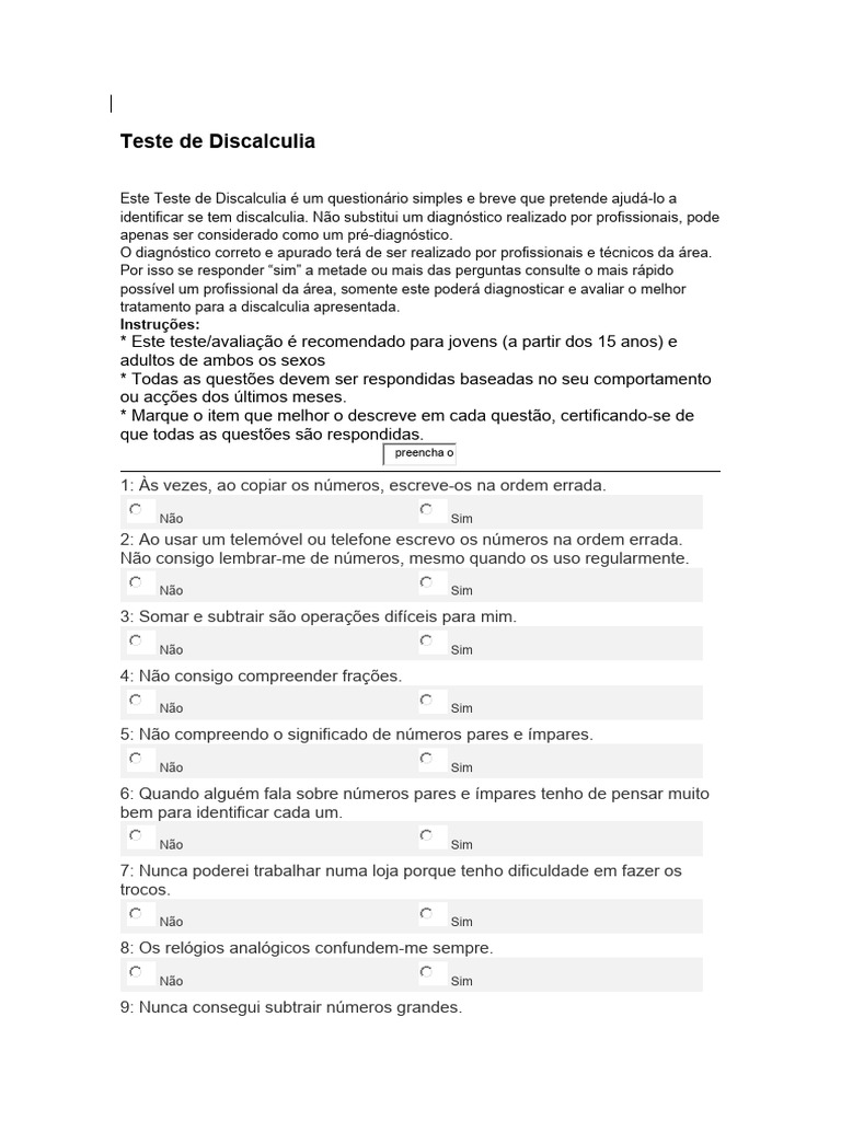 Teste de Discalculia | PDF
