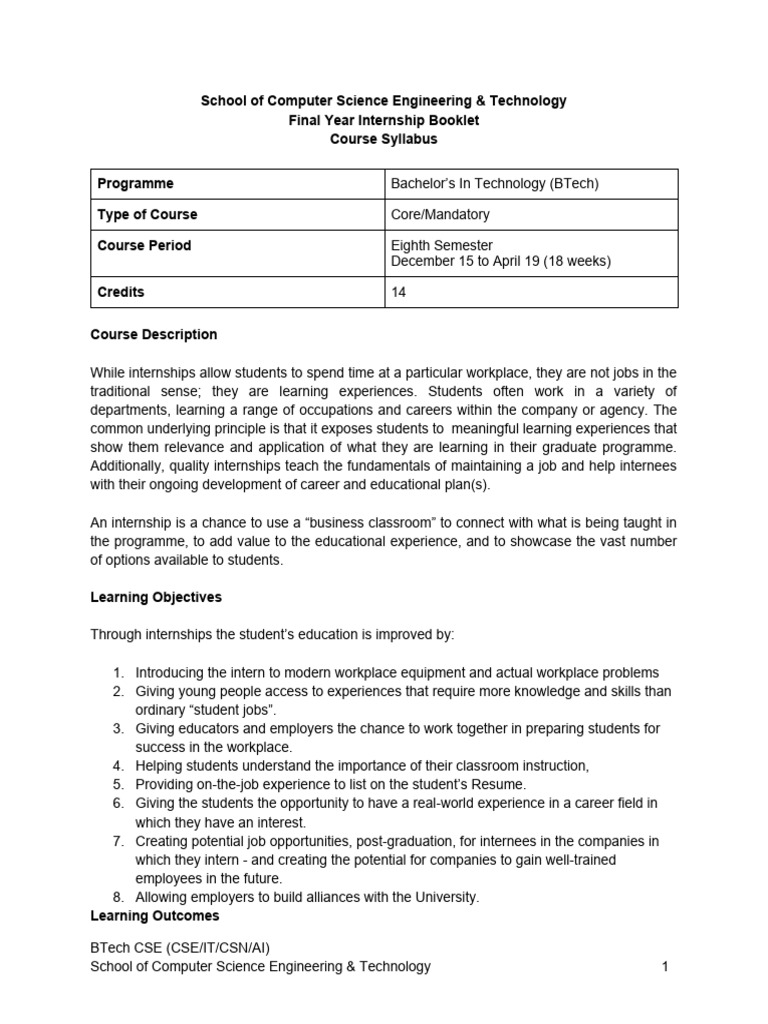 BTech Final Year Internship Guide | PDF | Internship | Job Hunting
