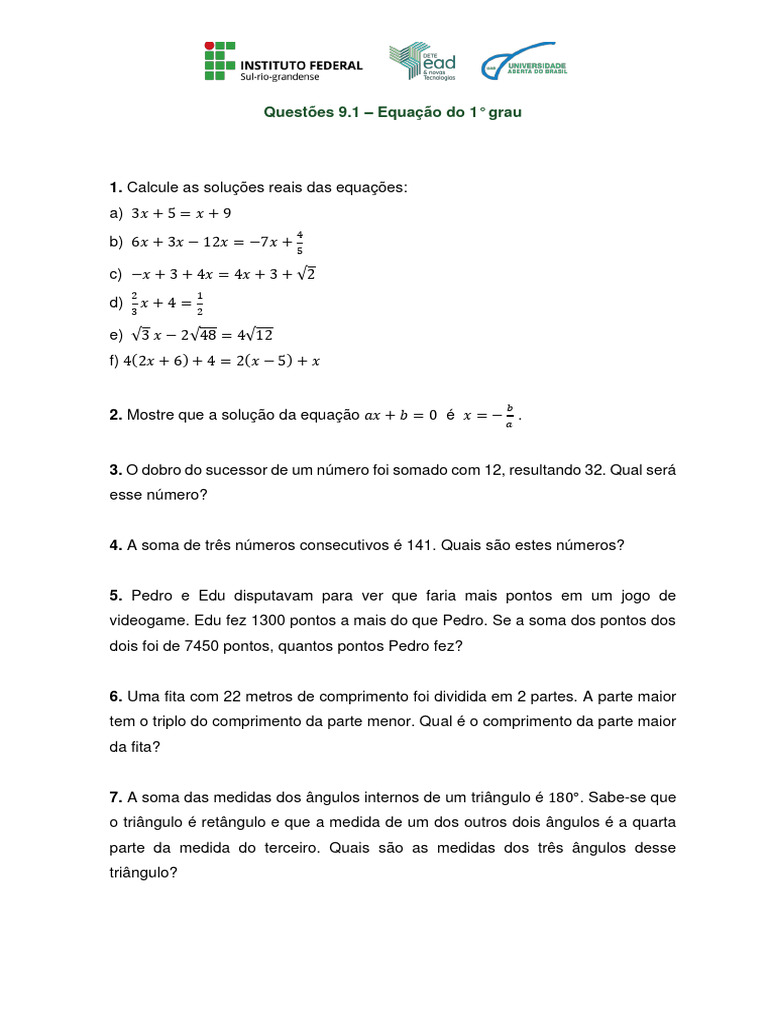 Questões sobre Equação do 1° Grau | PDF | Métodos e Materiais de Ensino ...