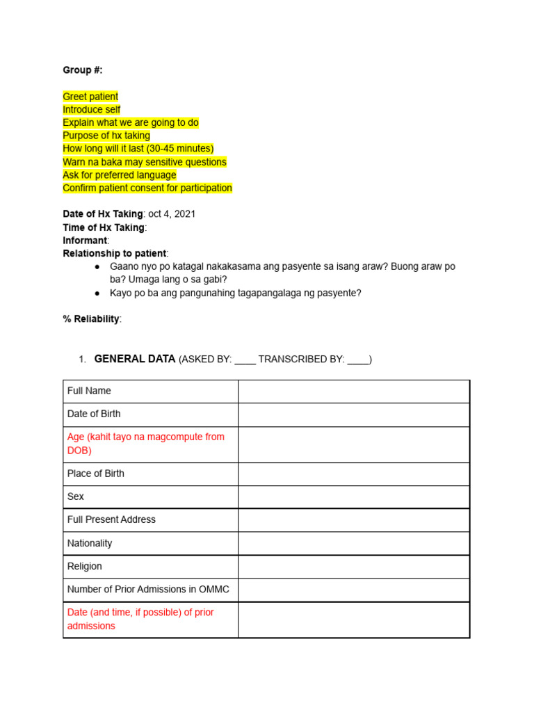 Pedia History Taking Checklist | PDF