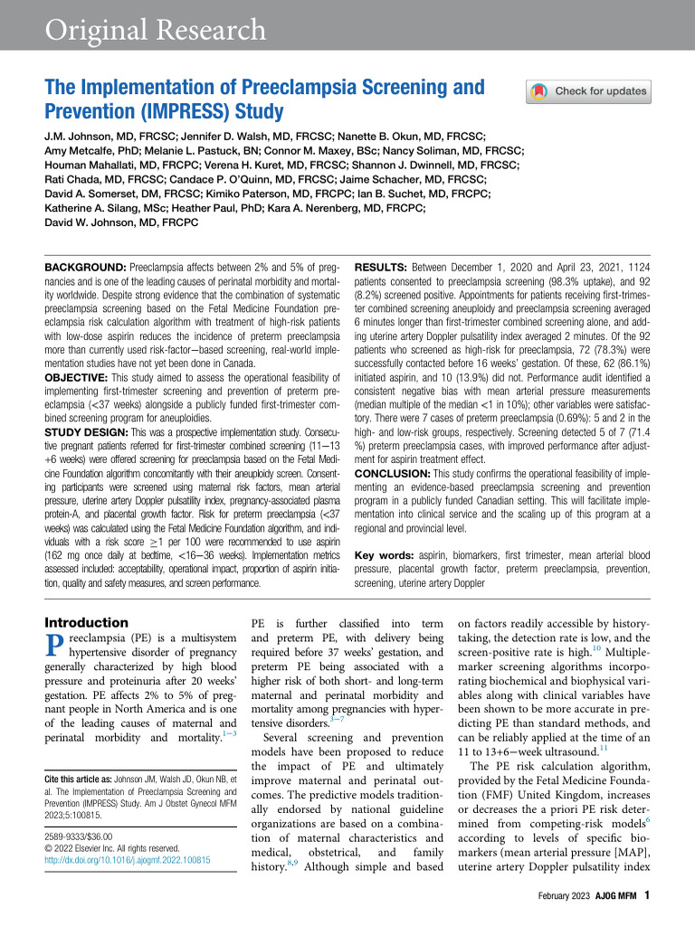 Preeclampsia Screening Implementation Study | PDF | Human Pregnancy ...