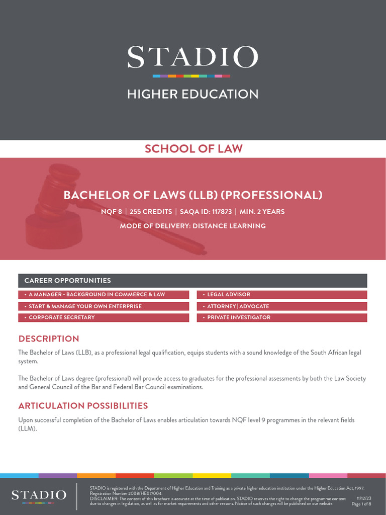 STADIO Bachelor of Laws (LLB) Overview | PDF | Distance Education | Crimes