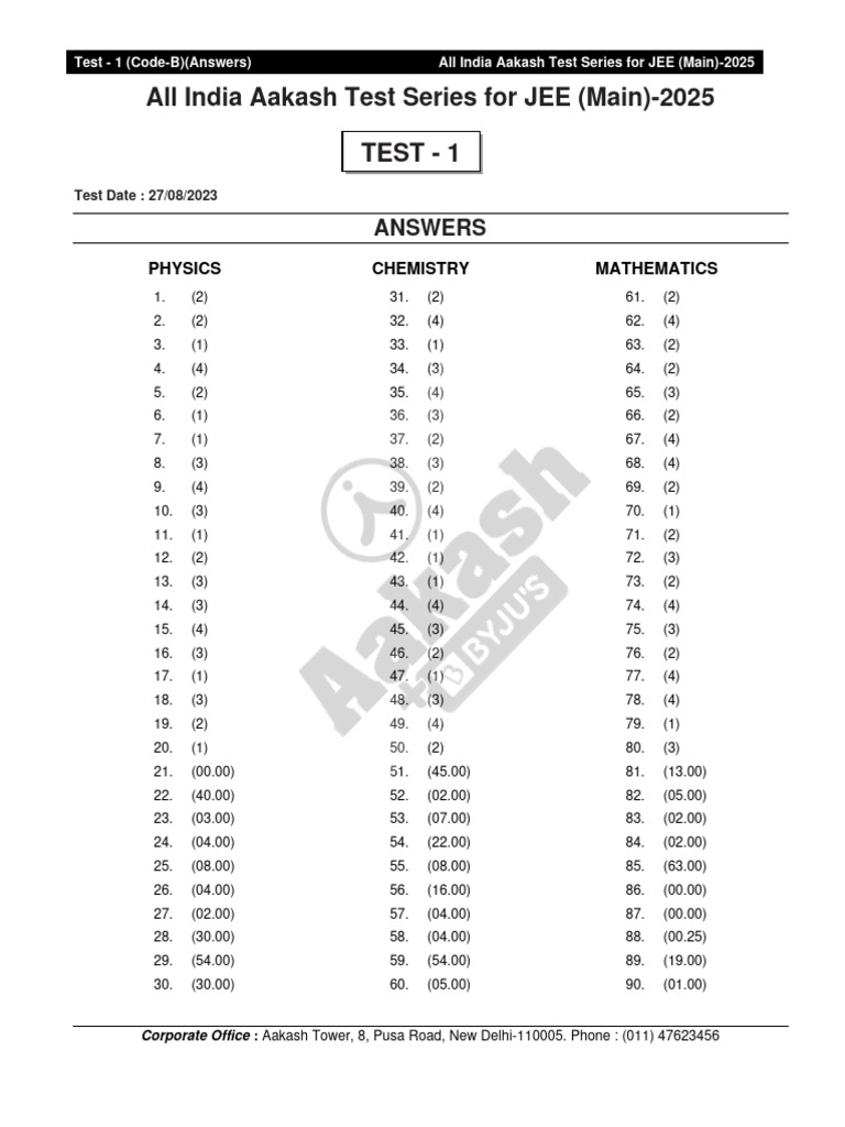 JEE 2025 Test Series Answers | PDF | Physical Sciences | Physics