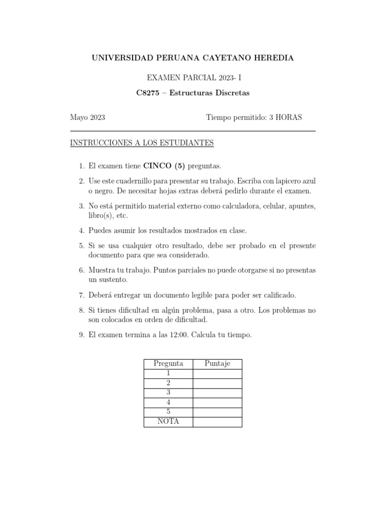 Examen Parcial 2023 I | PDF | Matemáticas | Matemáticas discretas
