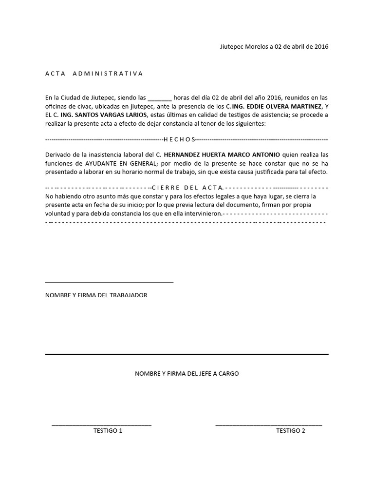Acta Administrativa de Inasistencia Laboral | PDF