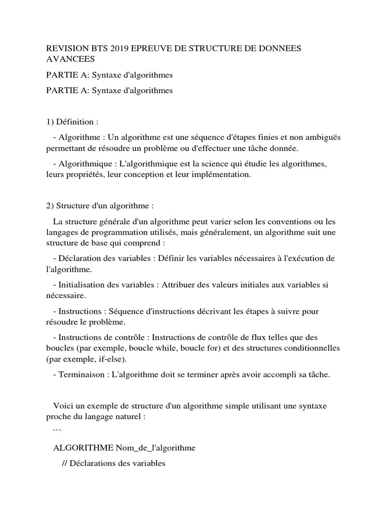 Révision BTS 2019 : Algorithmes et Structures | PDF | Structure de ...