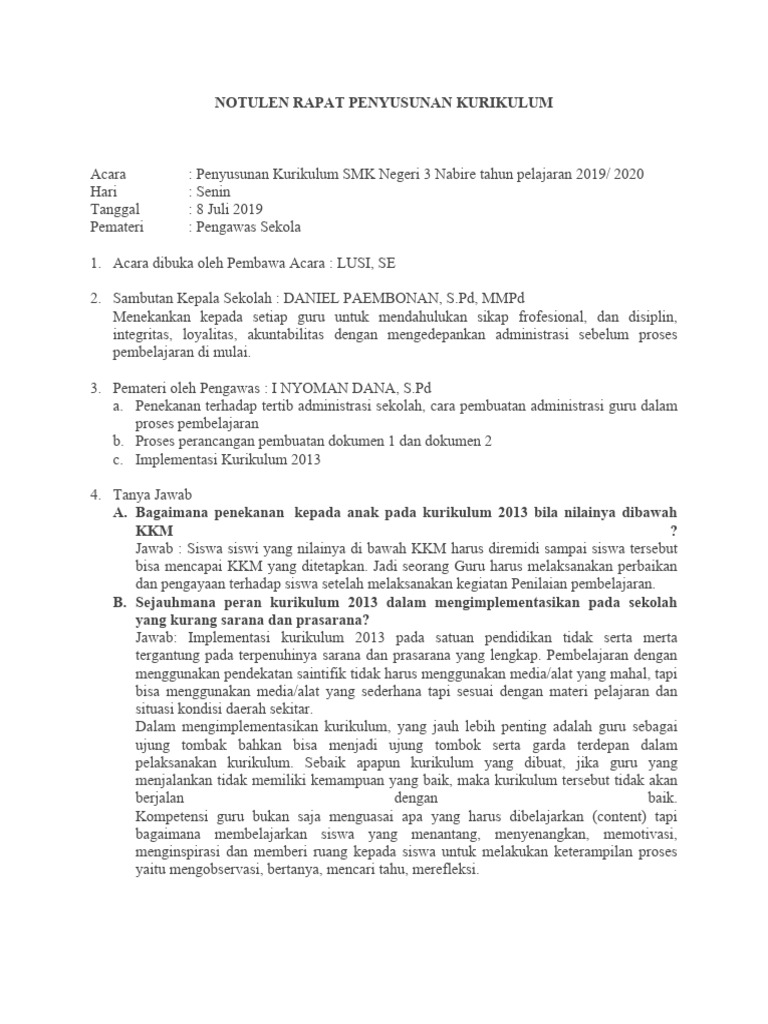 Notulen Rapat Kurikulum SMK Nabire 2019 | PDF | Karier …