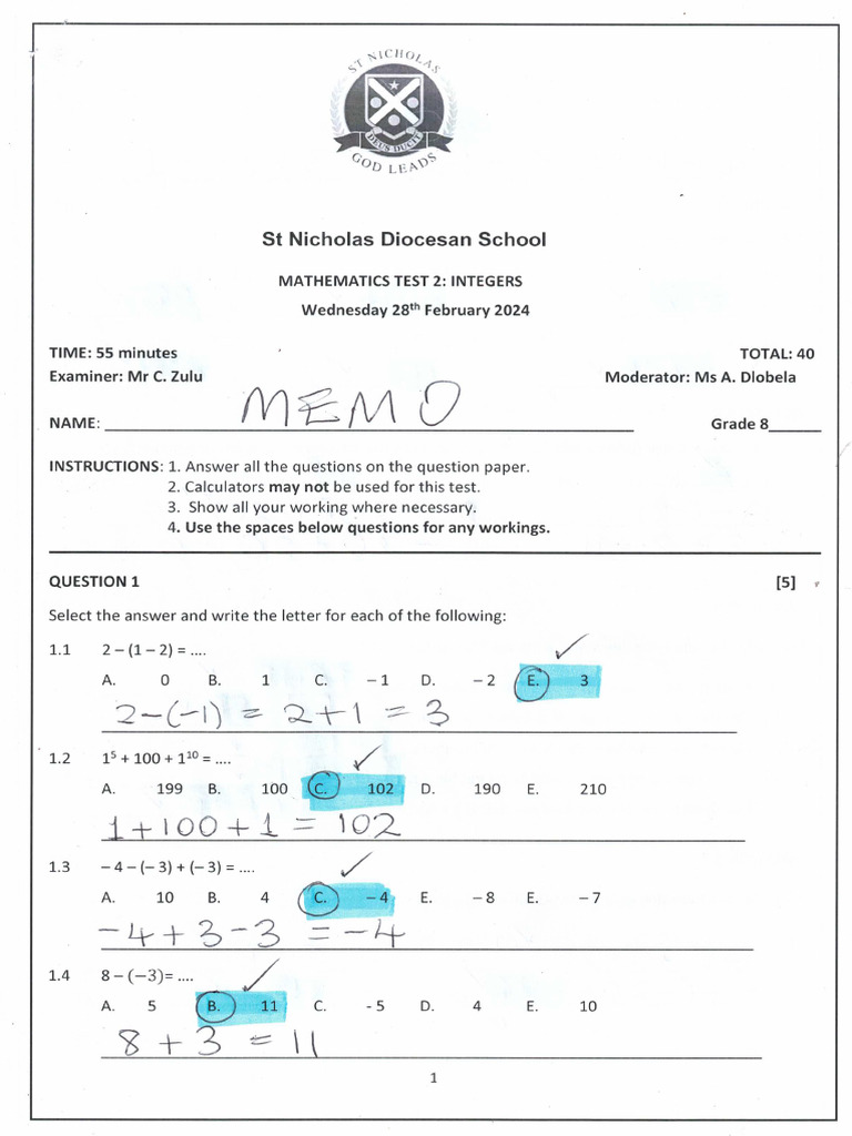 Maths Test 2 Integers Memo Feb 28 2024 | PDF