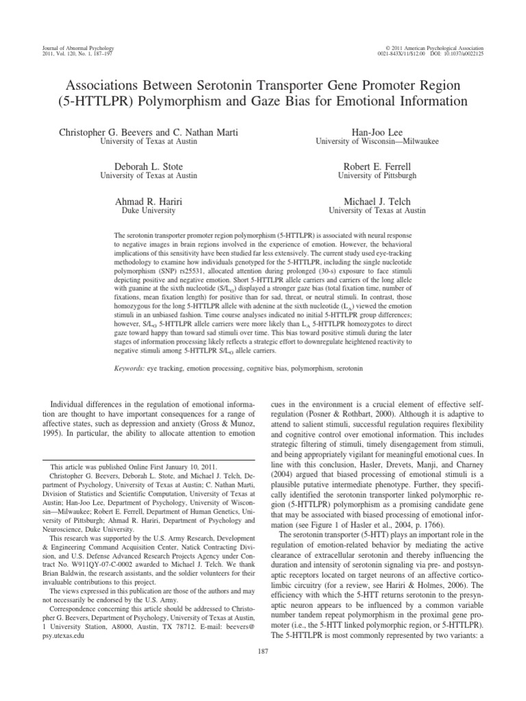 Associations Between Serotonin Transporter Gene Promoter Region (5 ...