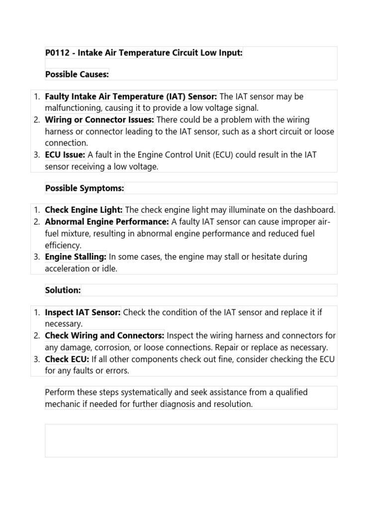 P0112 Intake Air Temperature Circuit Low Input PDF