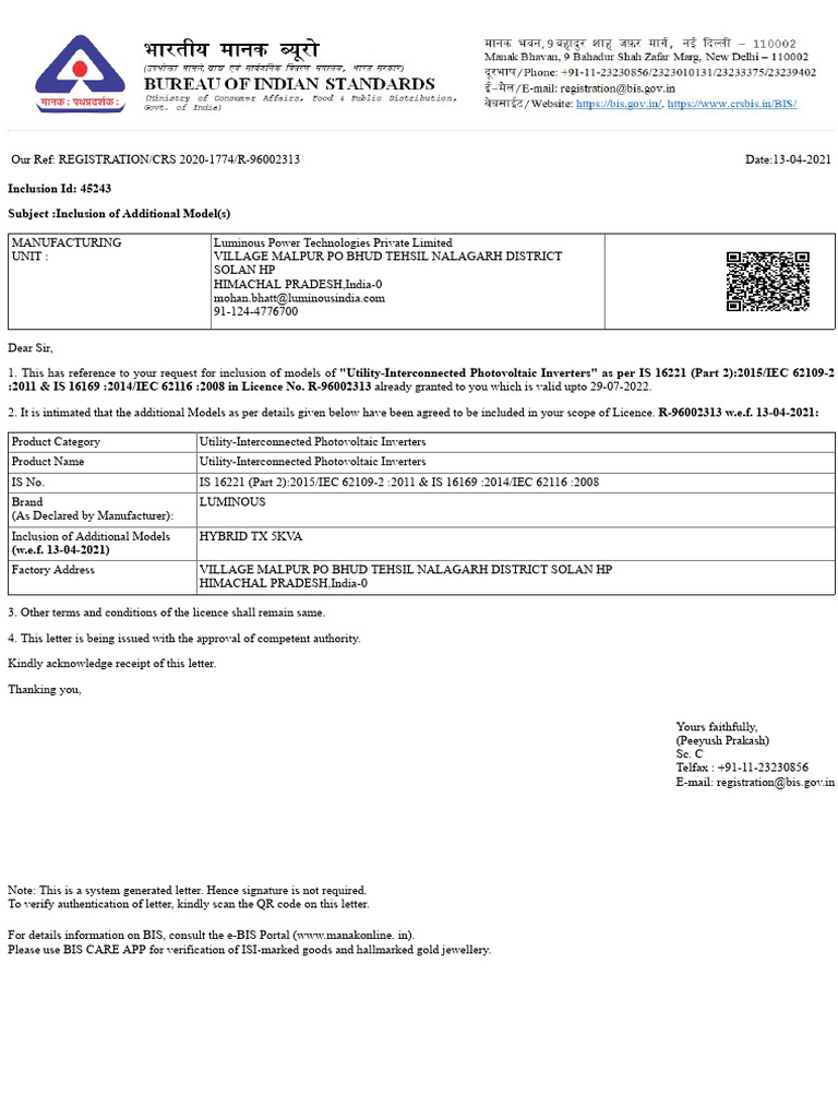 BIS Certificate Inclusion for Hybrid TX 5KVA | PDF | Authentication ...
