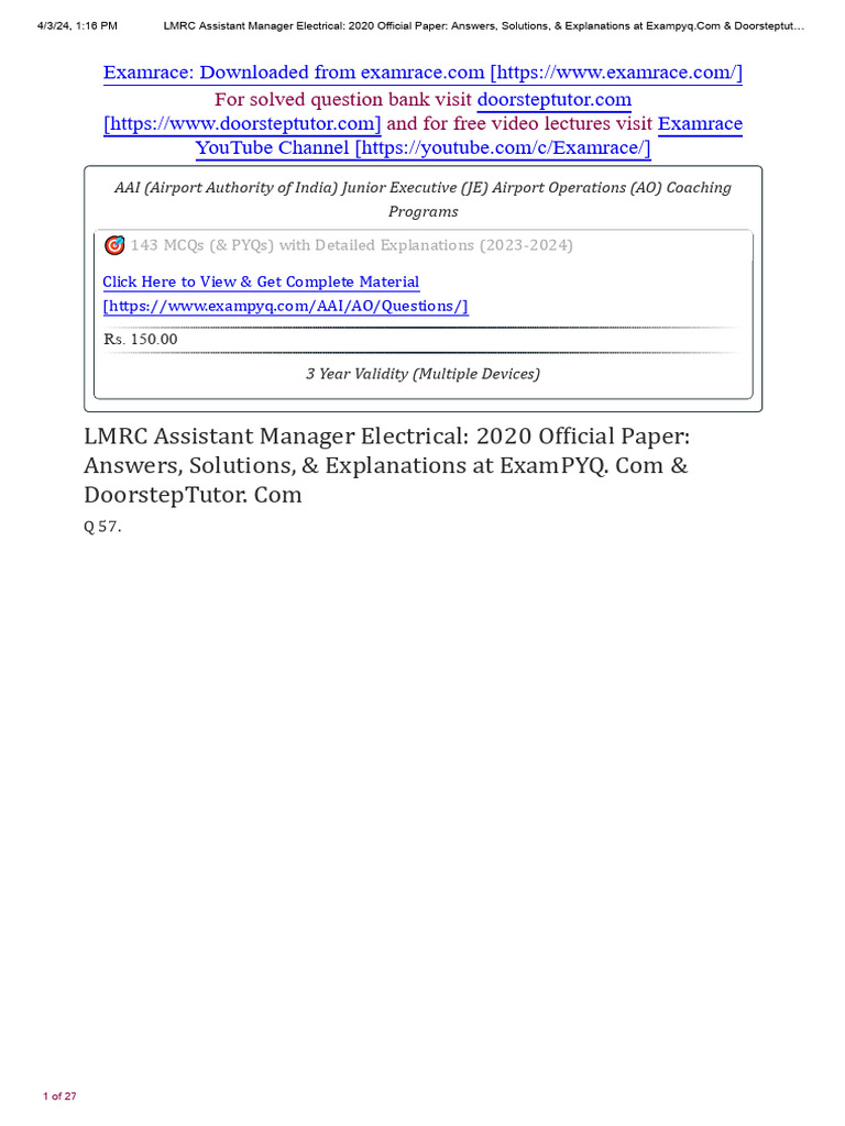 LMRC Assistant Manager Electrical 2020 Official Paper Part 2 | PDF ...