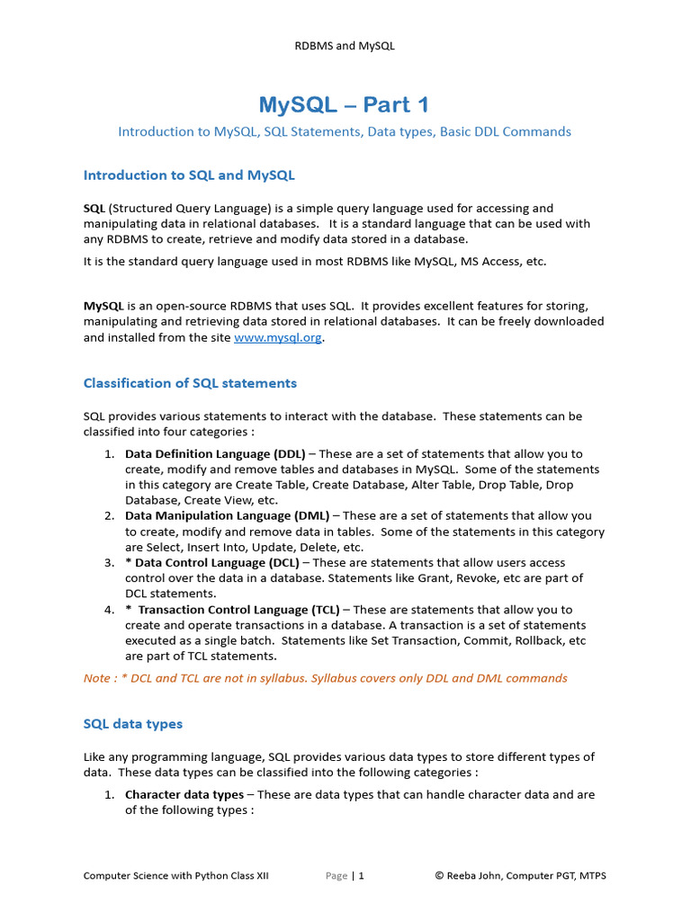 MySQL Part 1 | Download Free PDF | Sql | Information Technology Management