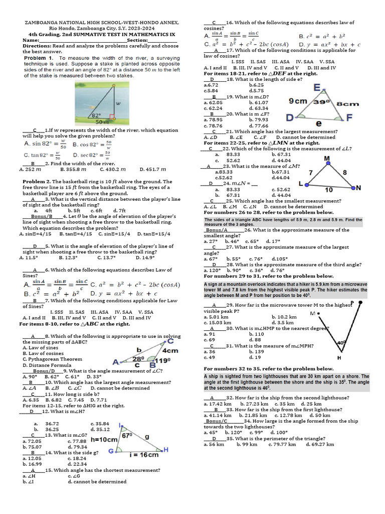 2nd SUMMATIVE-TEST MATH G9-4thQ | PDF | Trigonometry | Euclid