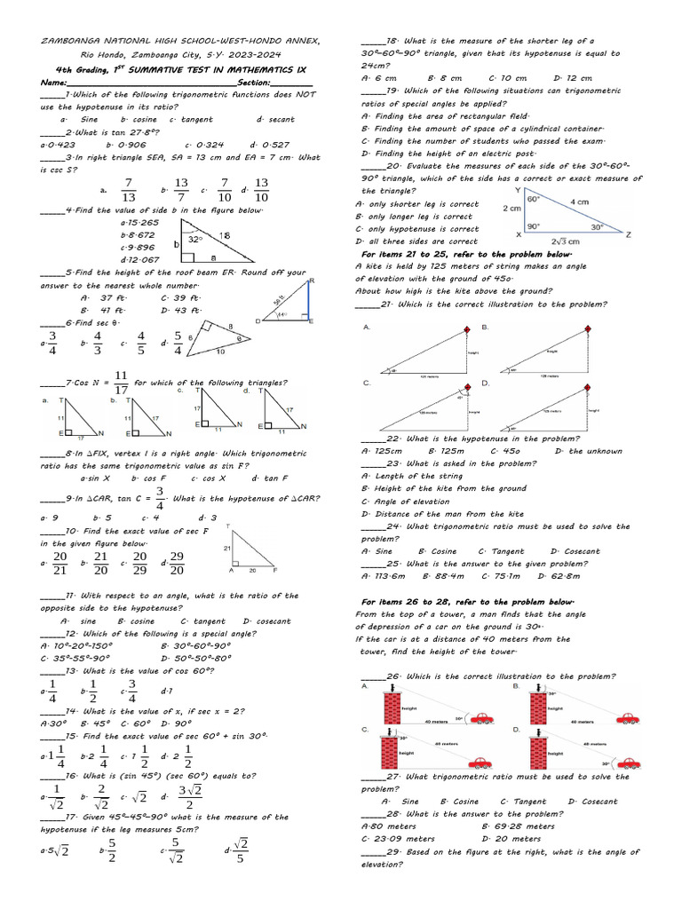 Math IX Summative Test - Trigonometry | PDF | Trigonometric Functions ...