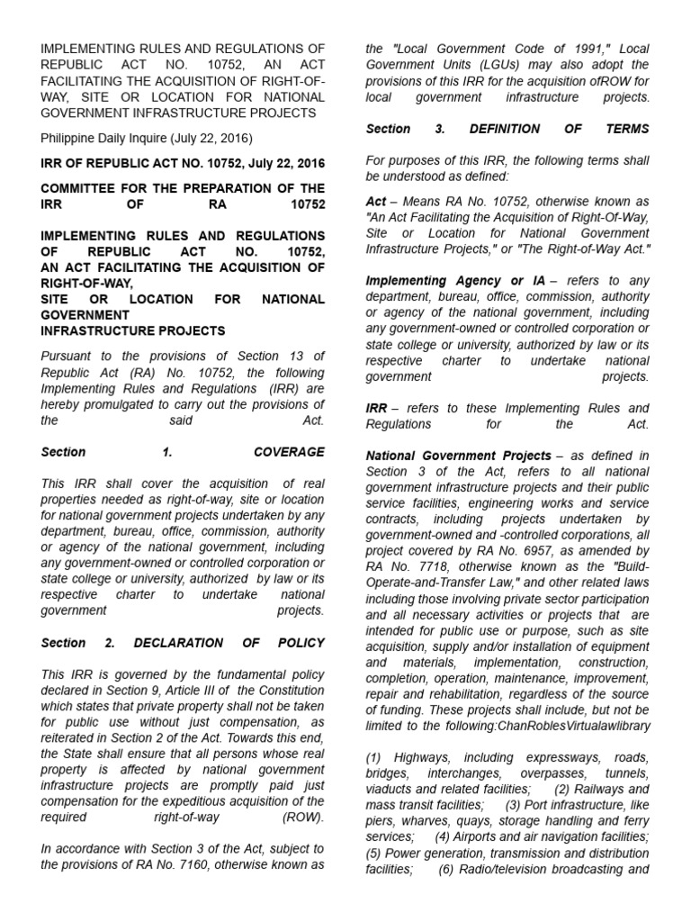 IRR of RA 10752: Right-of-Way Act | PDF | Eminent Domain | Easement