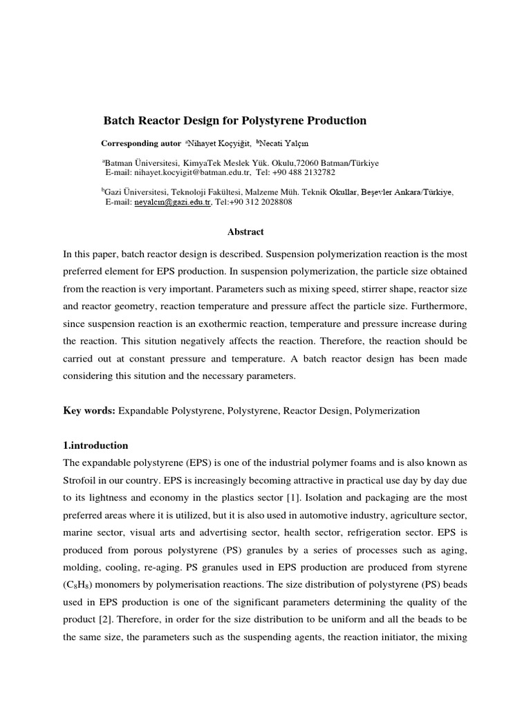 Batch Reactor Pdf Polystyrene Chemical Reactor