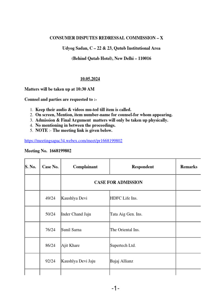 Consumer Court Case List - Qutab Area | PDF