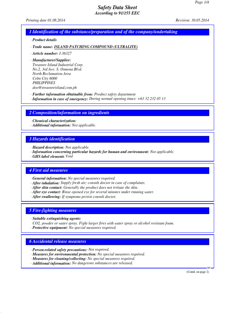 Island Patching Compound Ultralite RP | PDF | Chemistry | Safety