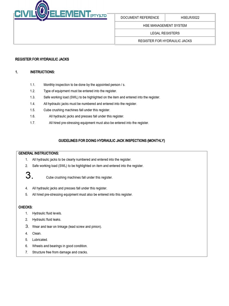 Hydraulic Jacks Inspection Register | PDF | Mechanical Engineering