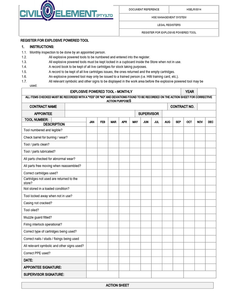 Explosive Powered Tool Inspection Register | PDF | Firearms | Ballistics