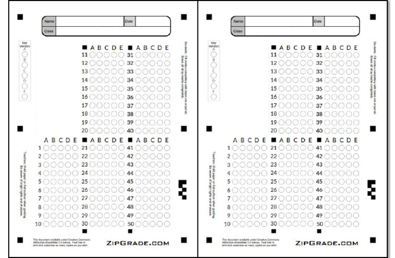 Zip Grade Answer Sheet 50 Items | PDF