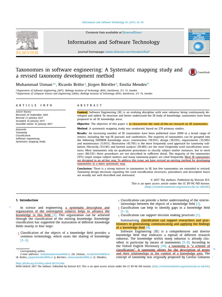 Taxonomies in Software Engineering A Systematic Mapp 2017 Information ...