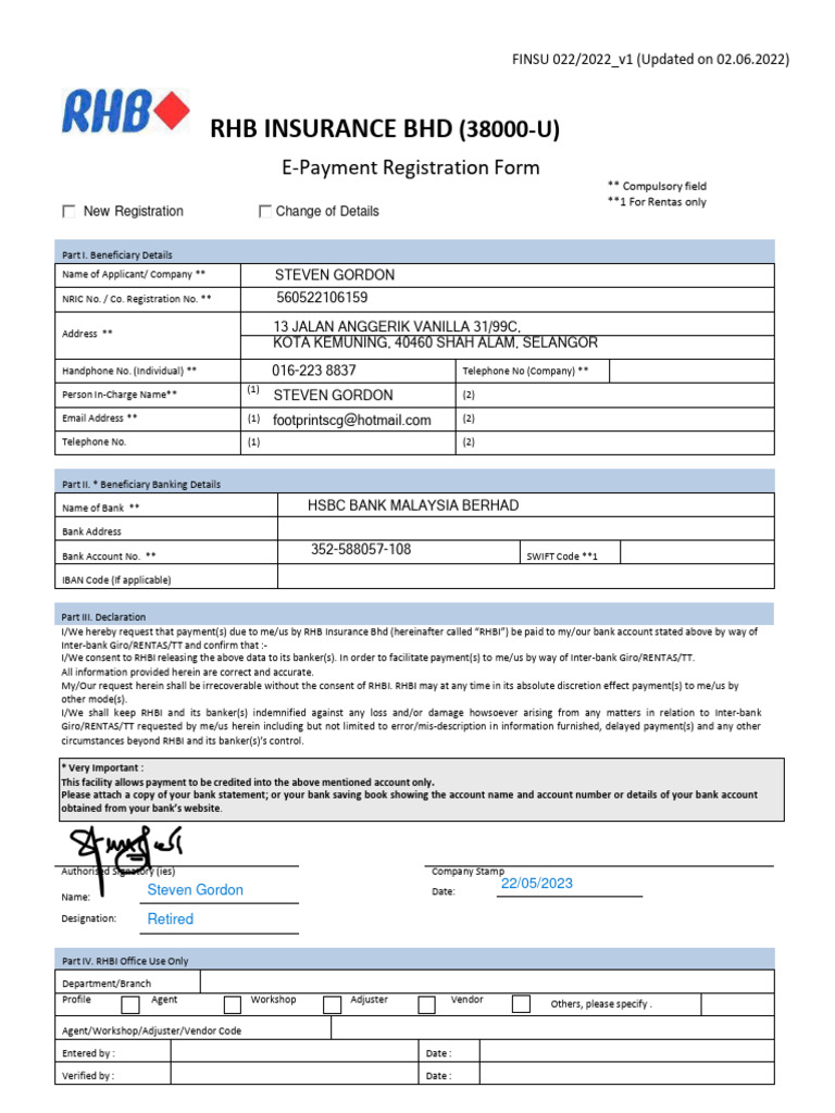 RHB Insurance E-Payment Registration Form | PDF | Money | Personal Finance