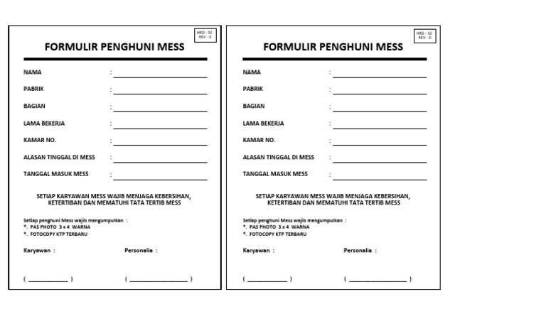 Formulir Penghuni Mess Karyawan | PDF