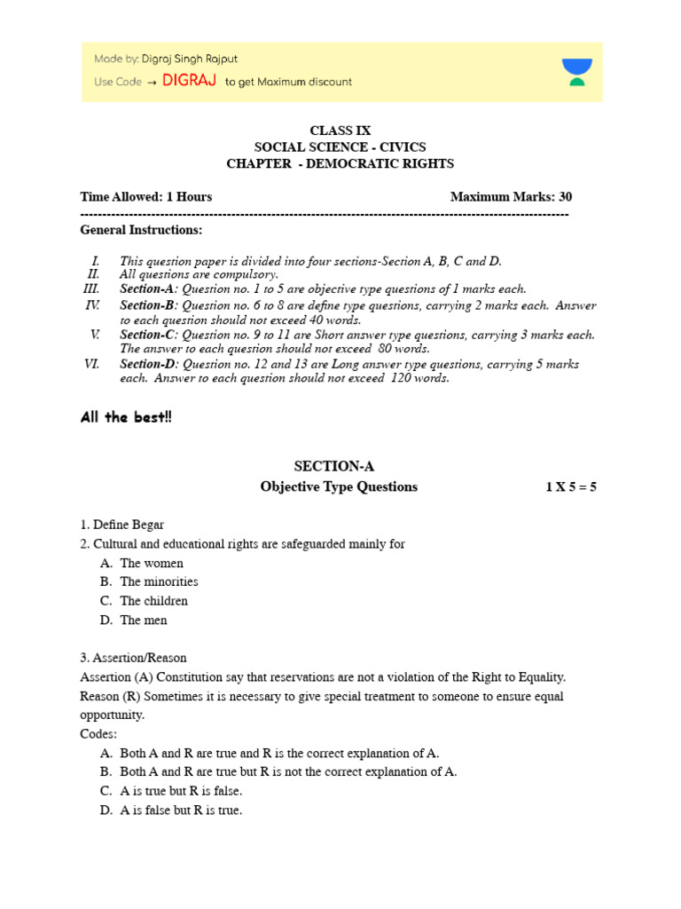 Class IX Civics: Democratic Rights Exam | PDF | Government | Human Rights