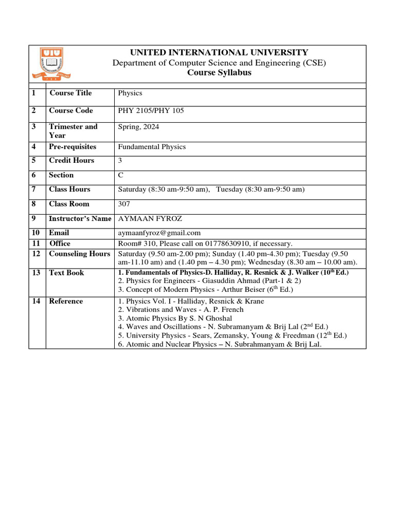 PHY 2105 Physics Syllabus Spring 2024 | PDF | Magnetic Field | Electric ...