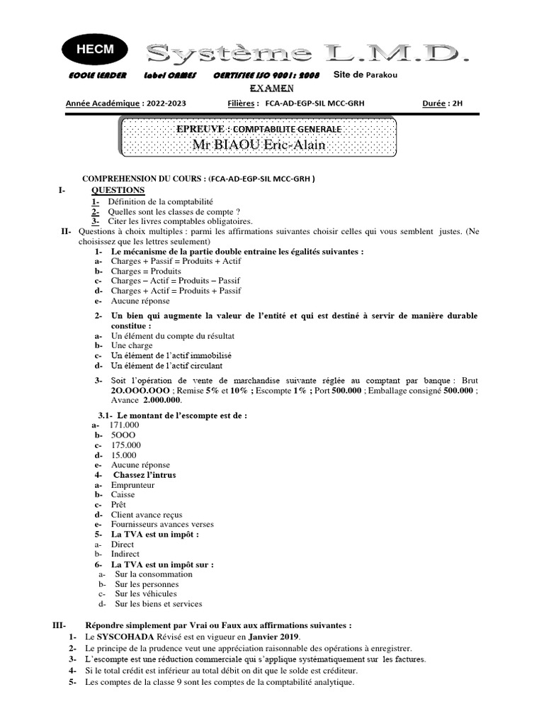 Epreuve Hecm Parakou | PDF | Facture | Comptabilité