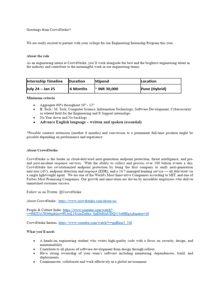 CrowdStrike Engineering Internship 2024 | PDF | Internet Of Things ...