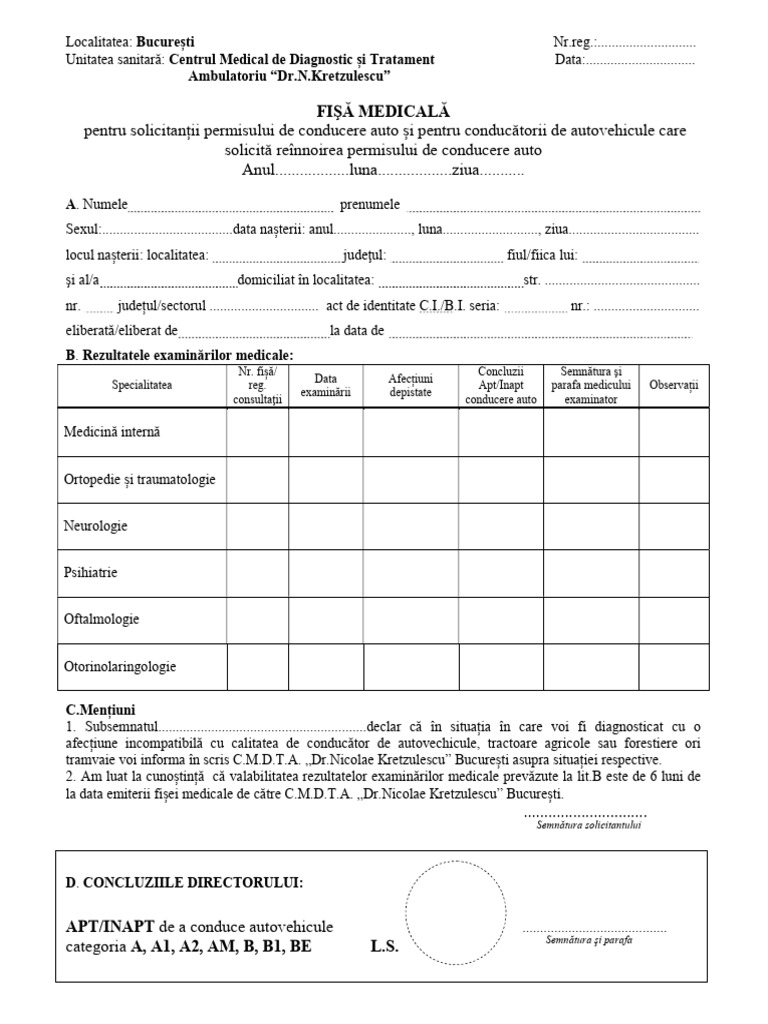 Fisa Medicala Cond Auto | PDF