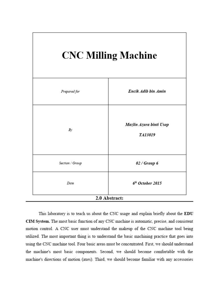 CNC Milling Machine REPORT PDF Numerical Control Machining