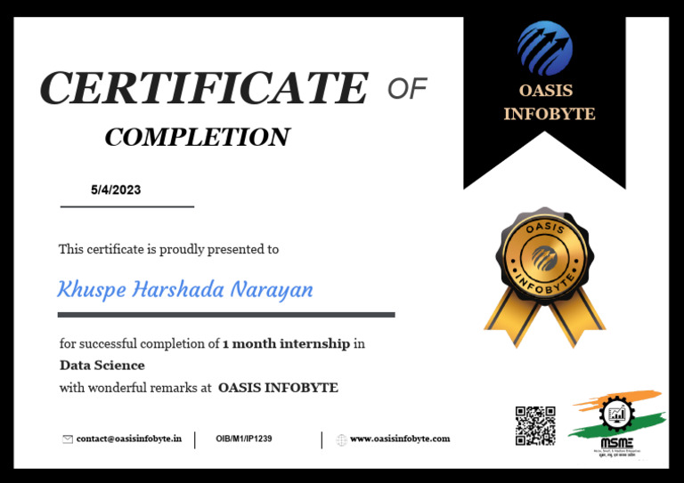 Data Science Internship Certificate | PDF