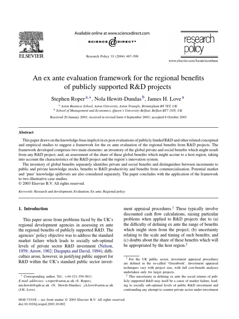 An Ex Ante Evaluation Framework For The Regional Benefits of Publicly ...