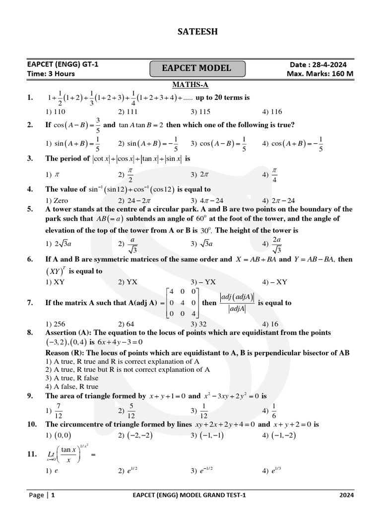 Eamcet - Model - Paper-1 by Sateesh 28-4-2024 | Download Free PDF ...