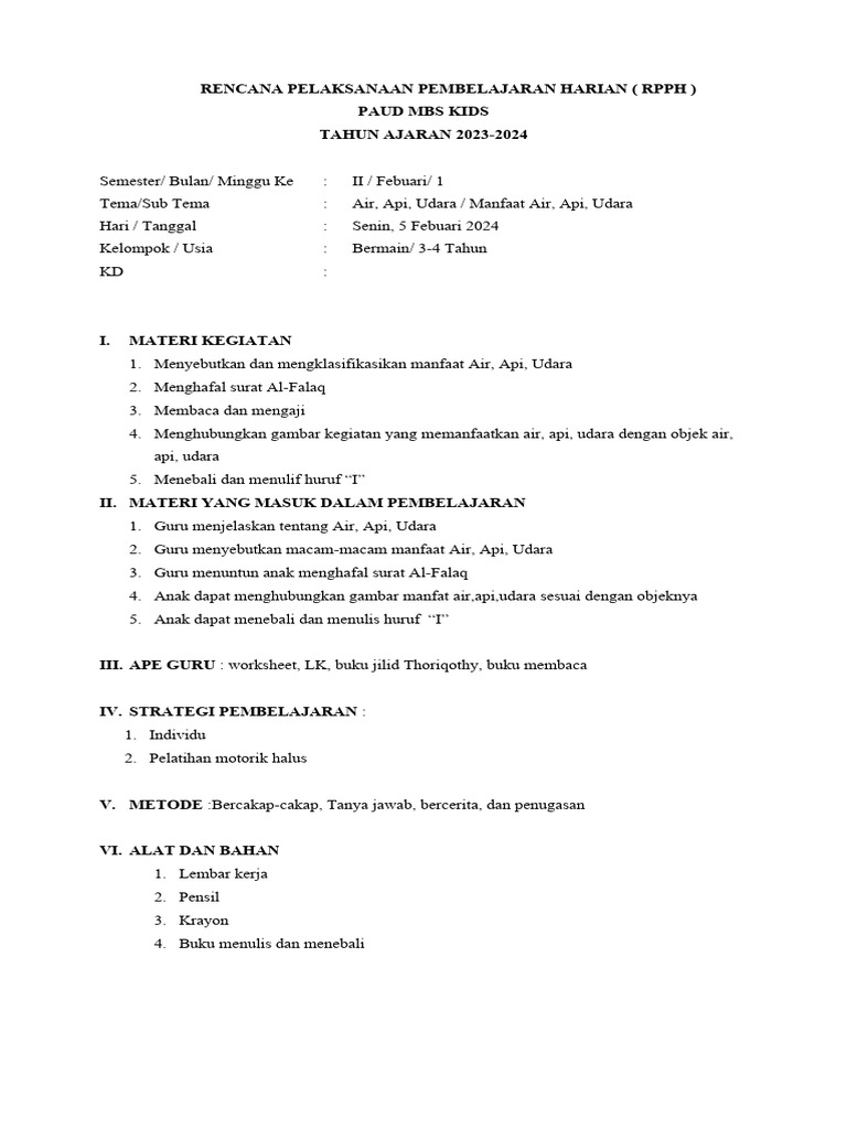 RPPH PAUD: Manfaat Air, Api, Udara | PDF