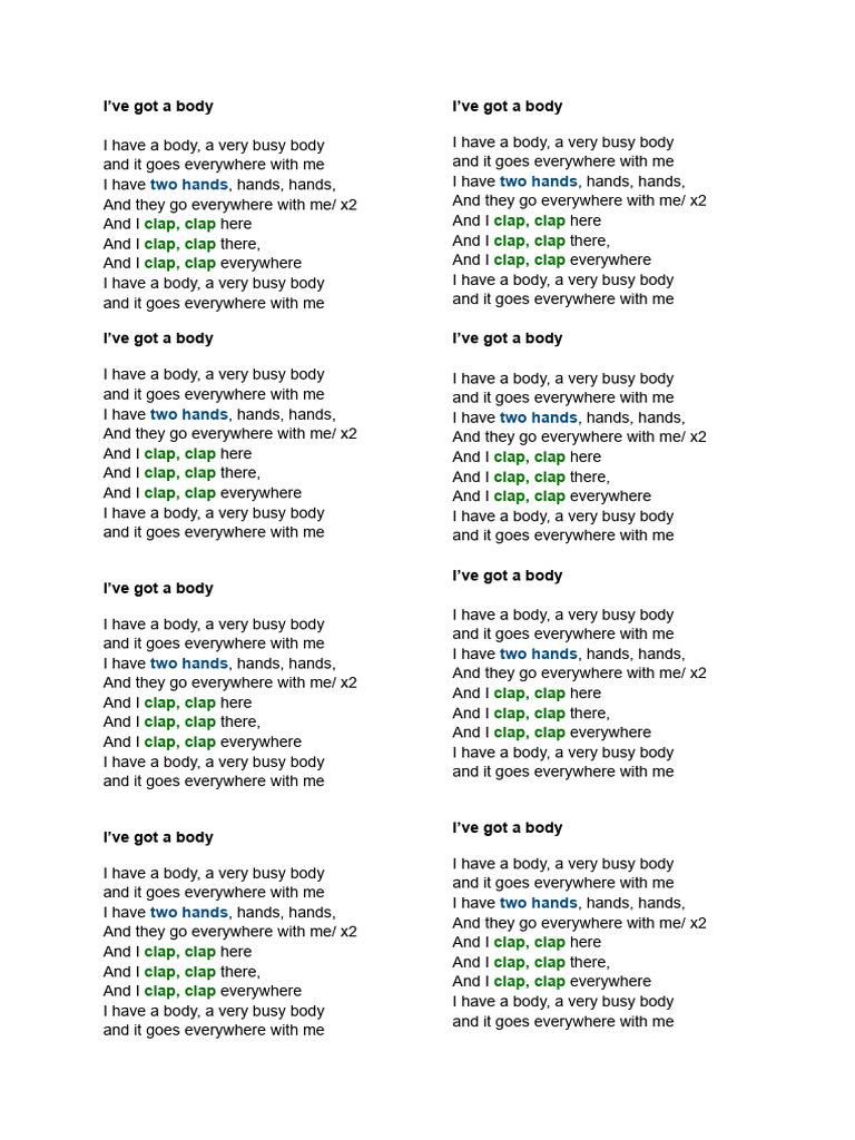 Busy Body Song for Kids | PDF | Language Arts & Discipline | Foreign ...