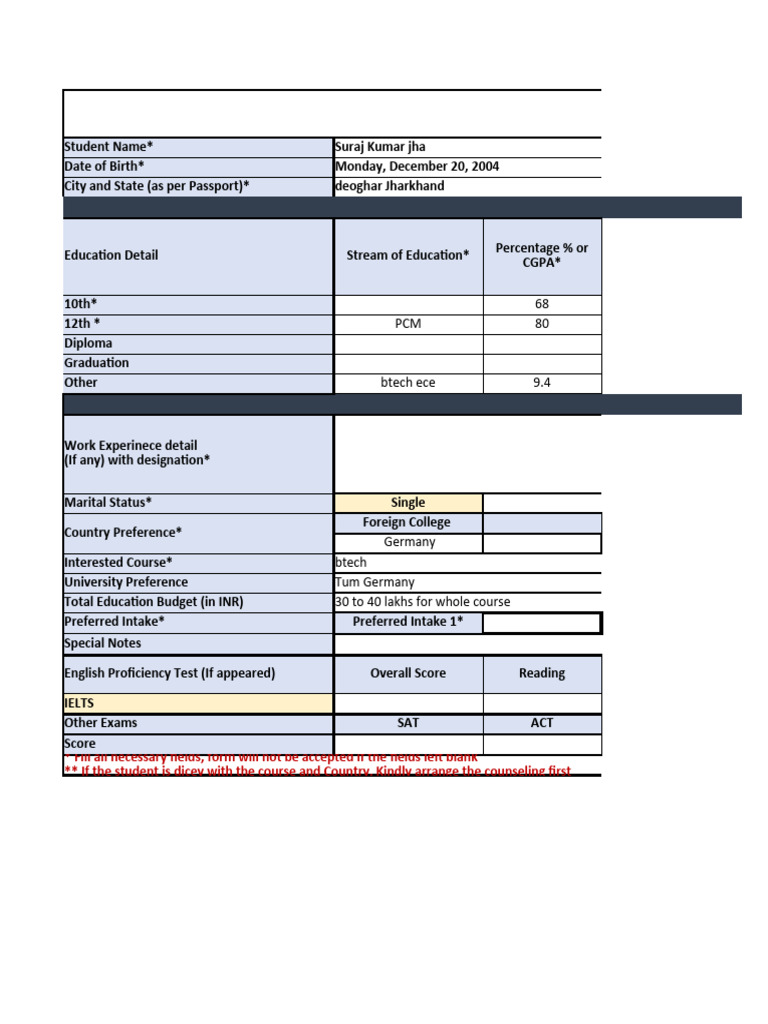 Student Enquiry Form for Study Abroad | PDF | Educational Assessment ...