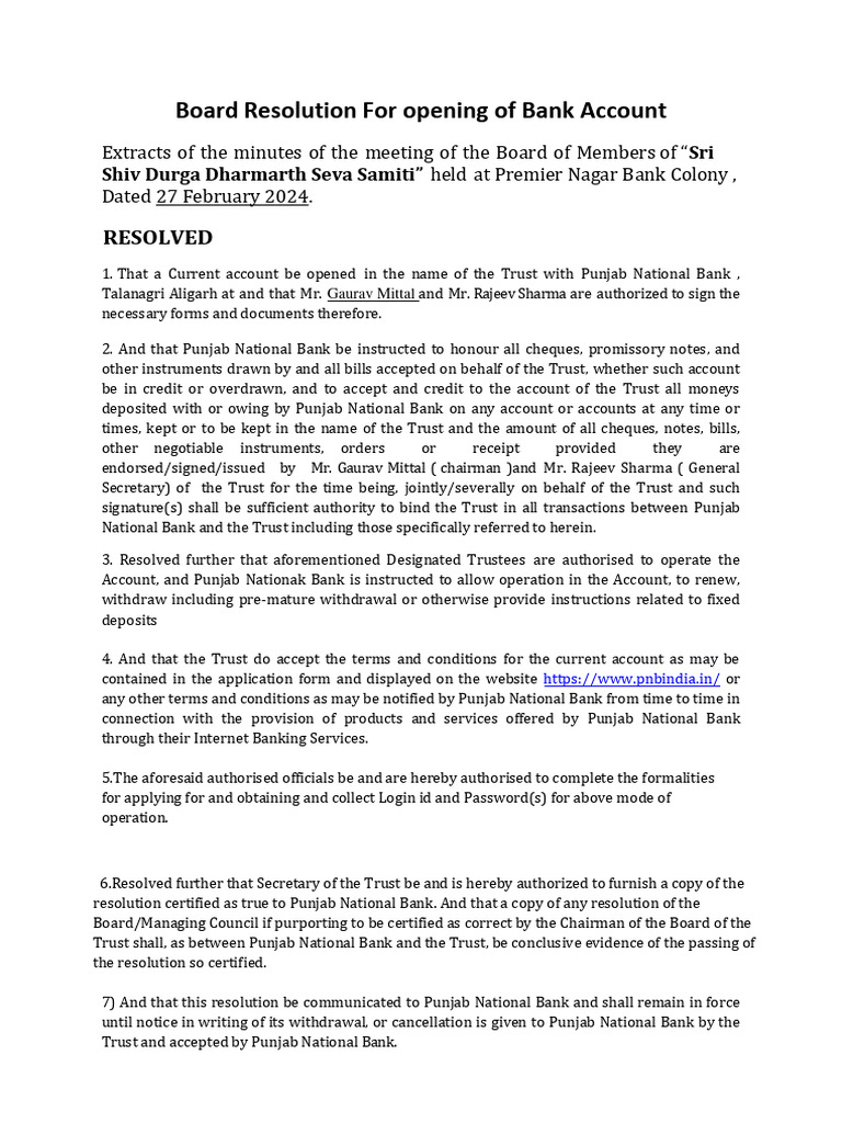 Board Resolution for PNB Account Opening | PDF | Banks | Transaction ...