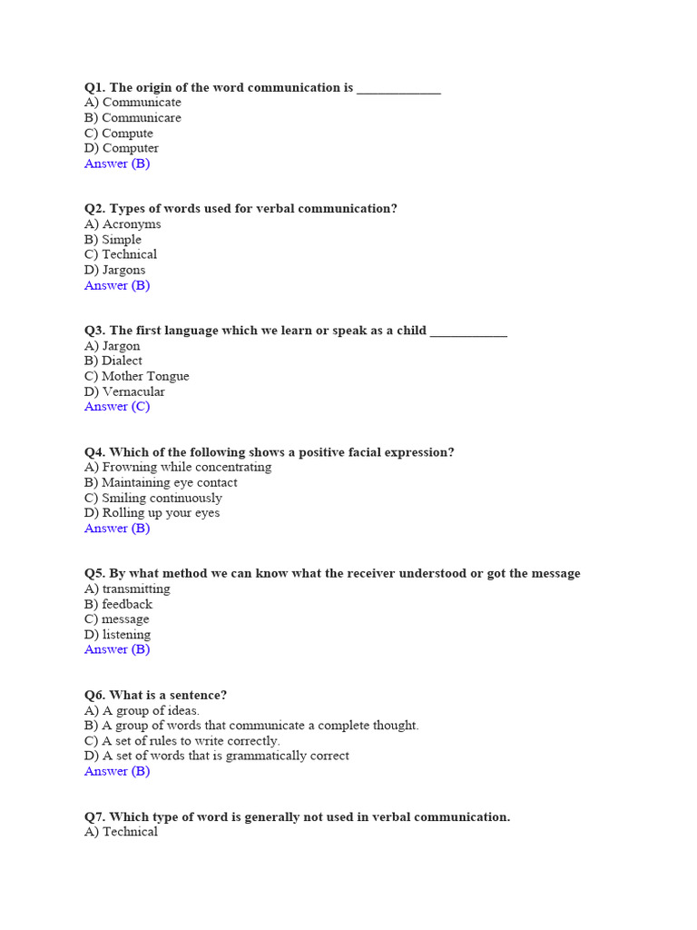 Communication Skills Quiz and Answers | PDF | Communication | Sentence ...