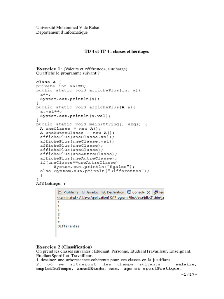 Classes et Héritages en Java : Exercices et Corrections | PDF | Java ...