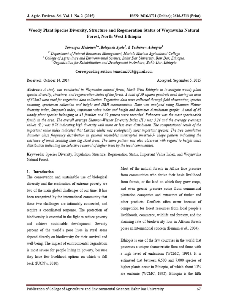 Woody Plant Diversity in Woynwuha Forest | PDF | Biodiversity | Forests