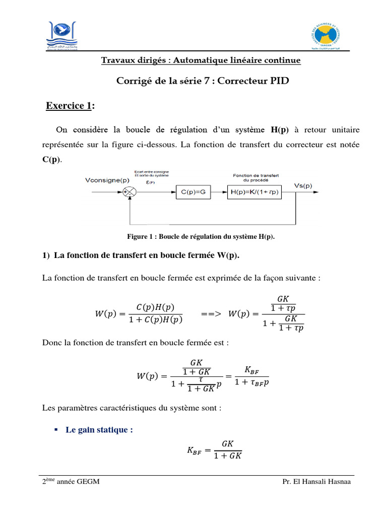 Série 7 Correcteur PID Corrigé | PDF | Électrotechnique | Théorie du ...