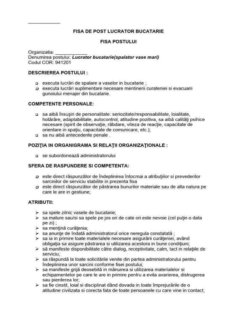 Lucrator Bucatarie | PDF