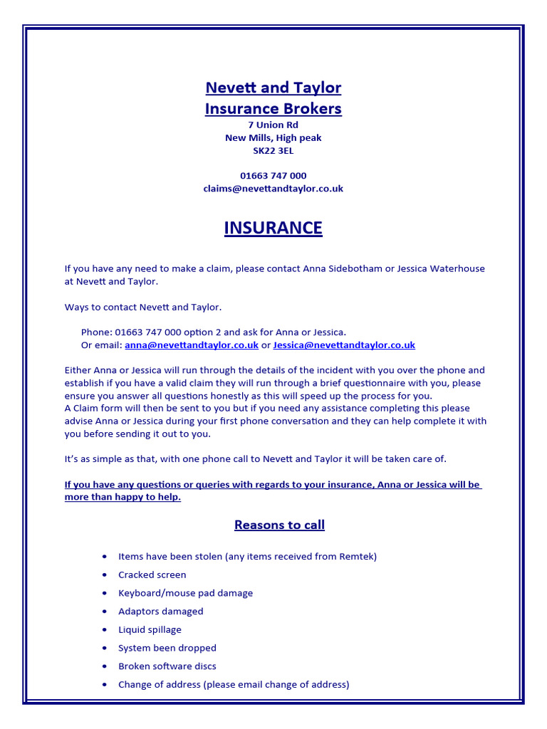 Insurance Claims Process at Nevett and Taylor | PDF | Insurance | Computing
