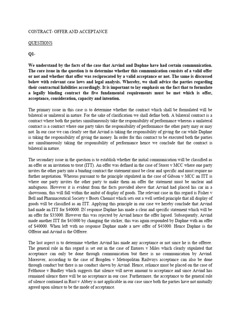Offer And Acceptance Answers All Pdf Offer And Acceptance Law